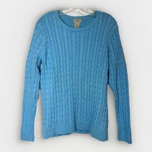 L.L. Bean Cable Knit  Fisherman Sweater Blue Women's XL Cotton Crew Neck Coastal